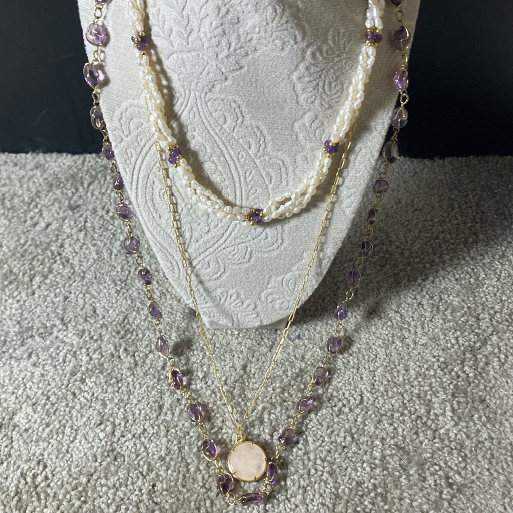 Elegant 3 Piece Gold and Purple Necklace Set